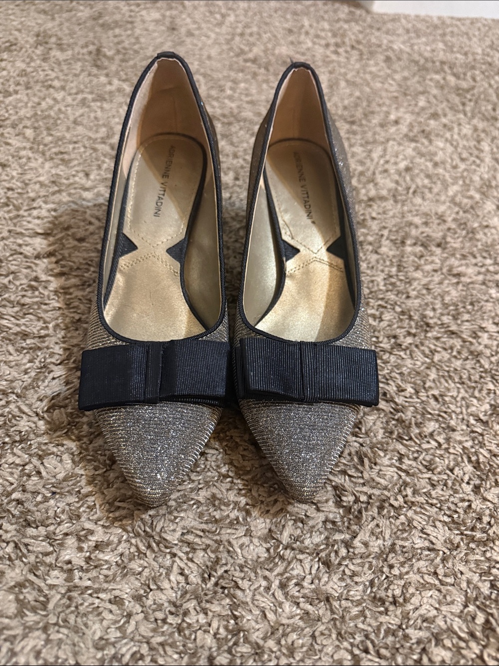 Adrienne Vittadini Gold Glitter Pointed-Toe Flats with Black Bow Trim